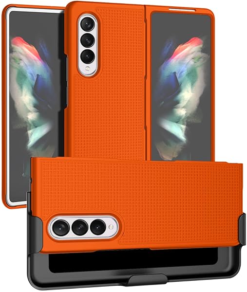 Nakedcellphone Galaxy Z Fold 3 Case with Clip & Belt Holster - Slim Hard Cover in Bright Orange | Nakedcellphone Grid Texture Combo - View 2 of 11