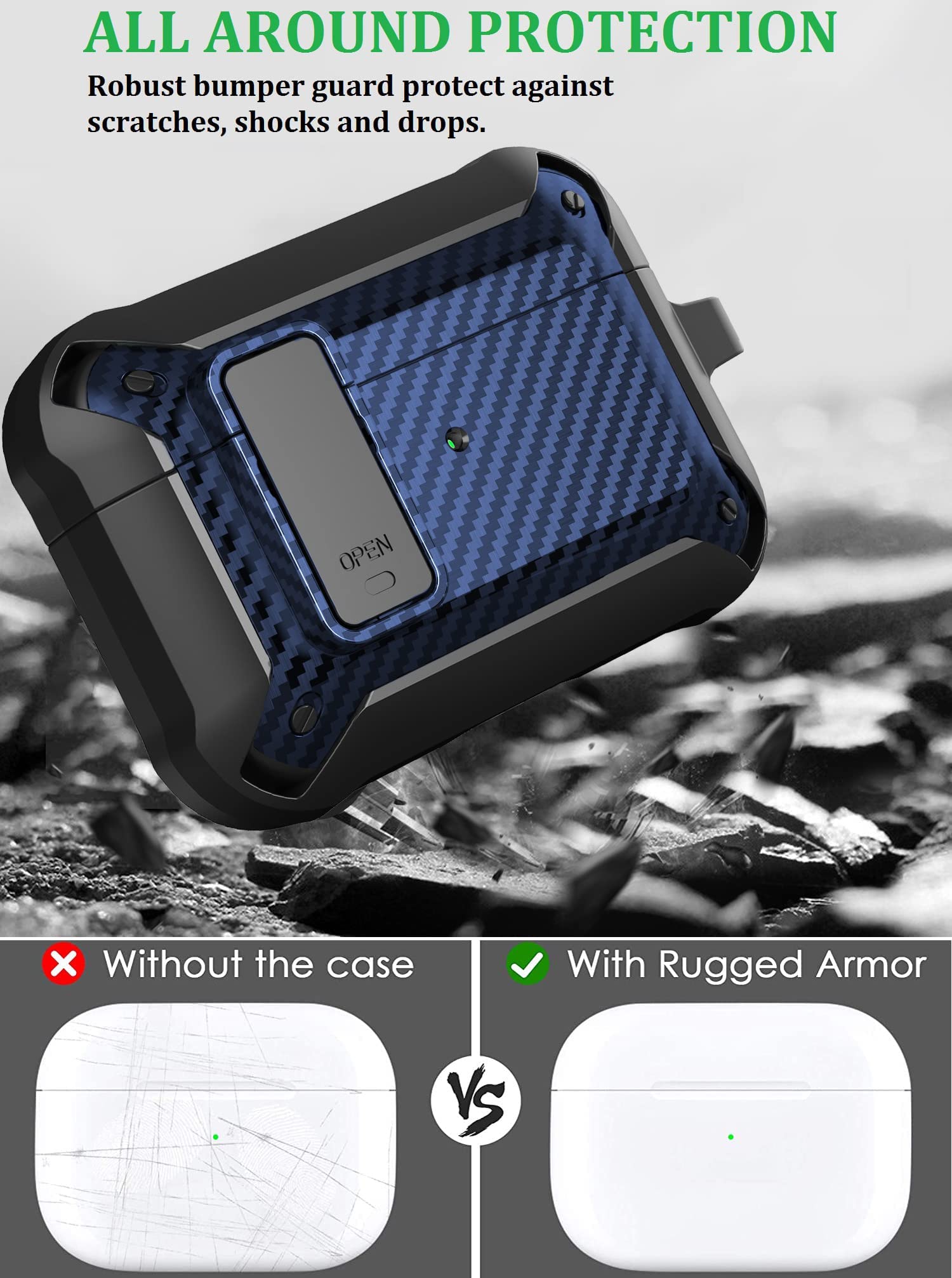 Olytop Olytop Rugged Locking Case Cover for Airpods Pro 2nd Gen Shockproof Armor Skin Black Blue 2019 2022 2023 - View 4 of 8