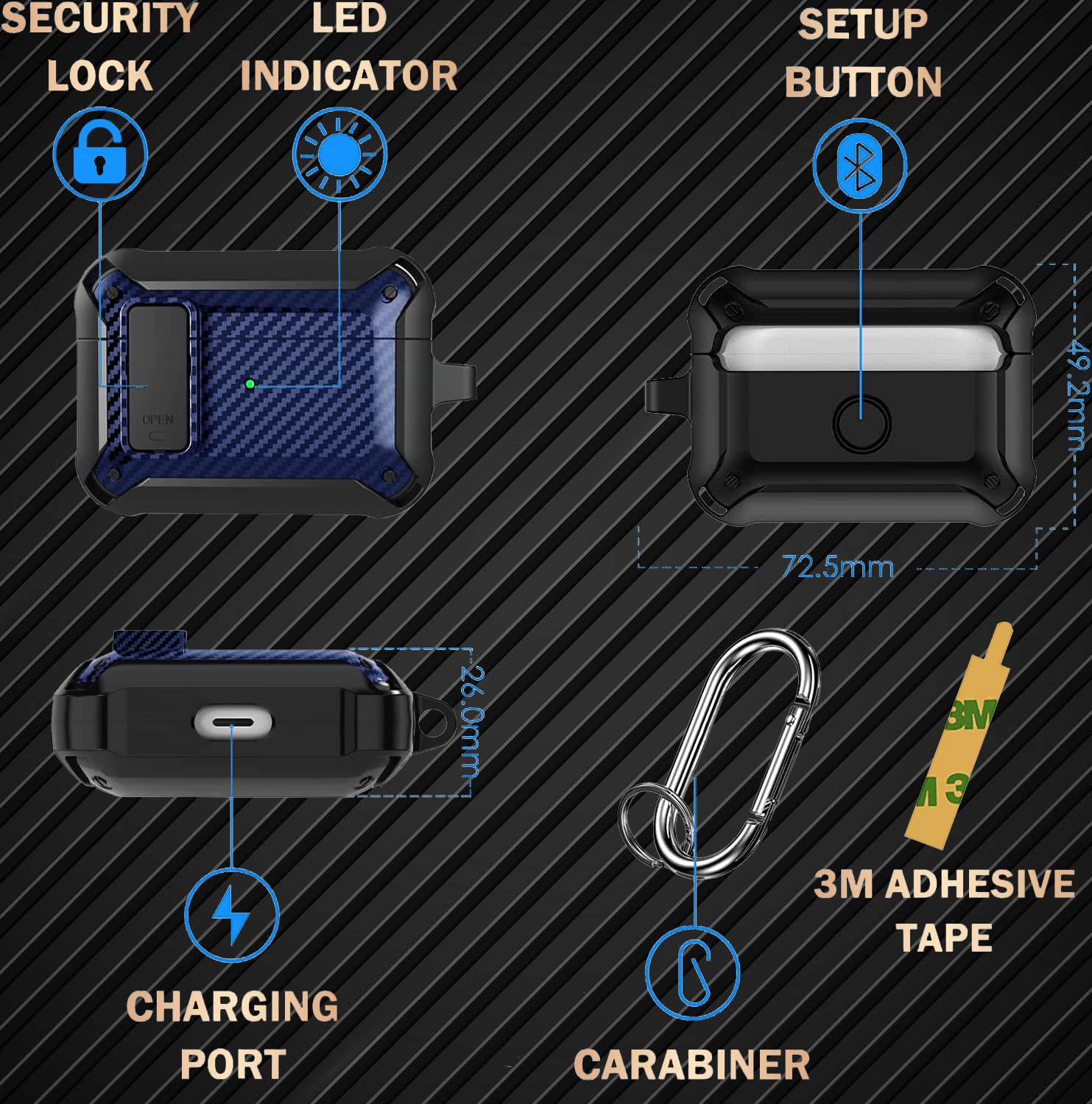 Olytop Olytop Rugged Locking Case Cover for Airpods Pro 2nd Gen Shockproof Armor Skin Black Blue 2019 2022 2023 - View 5 of 8