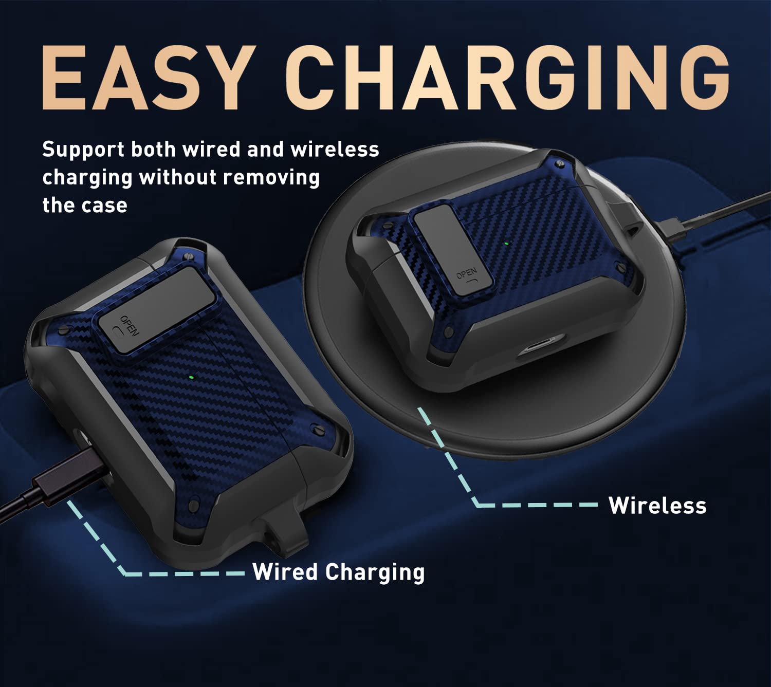 Olytop Olytop Rugged Locking Case Cover for Airpods Pro 2nd Gen Shockproof Armor Skin Black Blue 2019 2022 2023 - View 7 of 8