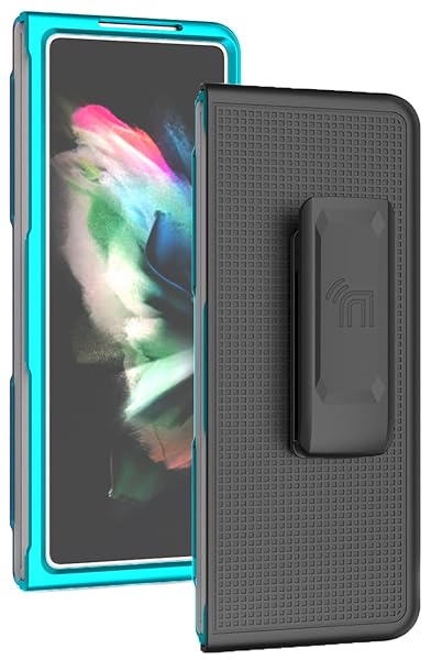 Nakedcellphone Galaxy Z Fold 3 Case with Clip & Holster - Slim Hard Cover, Grid Texture, Teal Aqua Mint - Perfect for Samsung Z Fold3 (SM-F926) - View 4 of 11