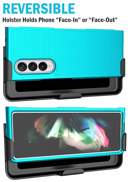 Nakedcellphone Galaxy Z Fold 3 Case with Clip & Holster - Slim Hard Cover, Grid Texture, Teal Aqua Mint - Perfect for Samsung Z Fold3 (SM-F926) - View 5 of 11
