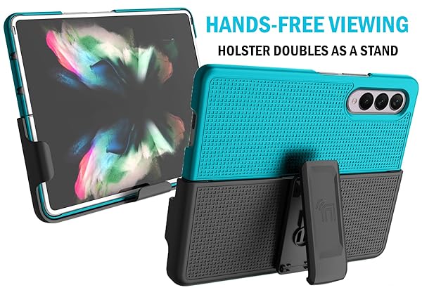 Nakedcellphone Galaxy Z Fold 3 Case with Clip & Holster - Slim Hard Cover, Grid Texture, Teal Aqua Mint - Perfect for Samsung Z Fold3 (SM-F926) - View 6 of 11