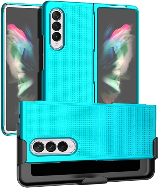 Nakedcellphone Galaxy Z Fold 3 Case with Clip & Holster - Slim Hard Cover, Grid Texture, Teal Aqua Mint - Perfect for Samsung Z Fold3 (SM-F926) - View 2 of 11