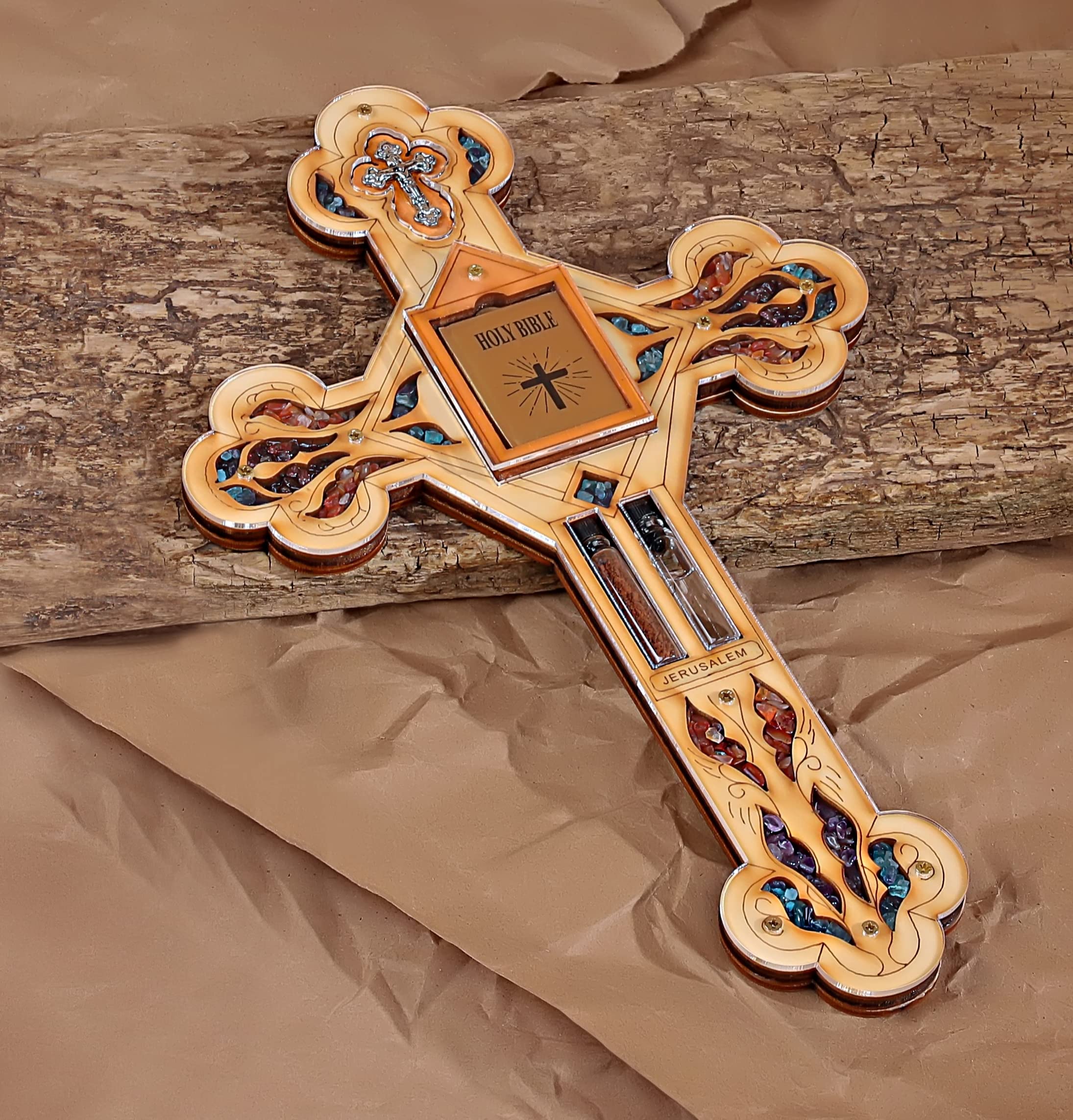 KARMA AND LUCK KARMA AND LUCK Ultimate Believer Multistone Healing Crystals Cross Holy Water Bible Symbols Protection Wooden Wall Blessing Plaque 11 Inch - View 2 of 8