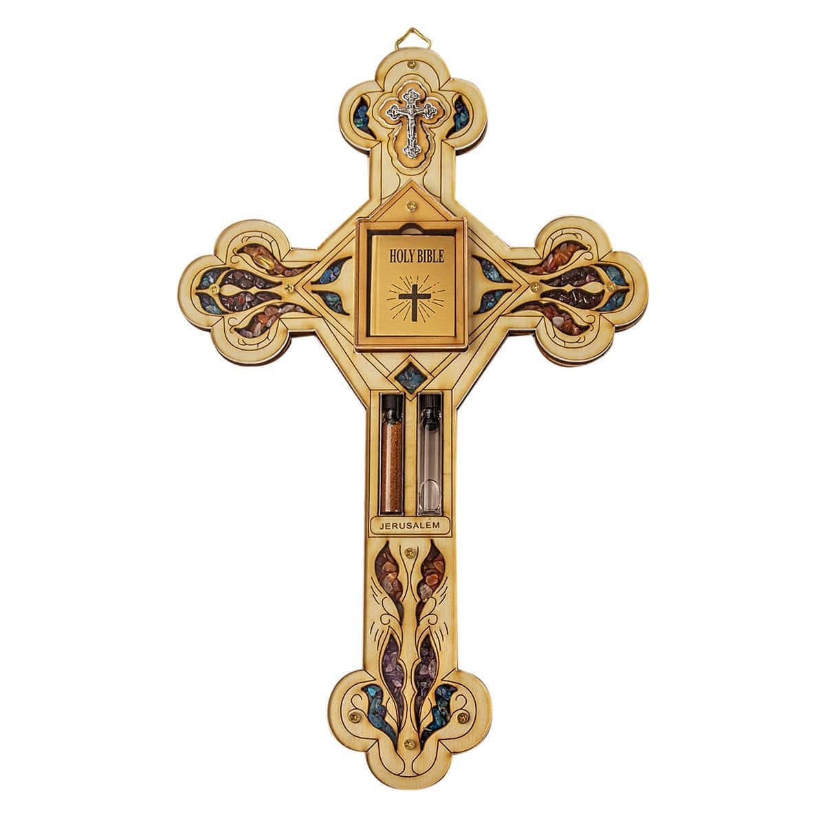 KARMA AND LUCK KARMA AND LUCK Ultimate Believer Multistone Healing Crystals Cross Holy Water Bible Symbols Protection Wooden Wall Blessing Plaque 11 Inch