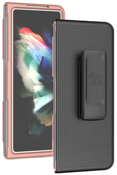 Nakedcellphone Galaxy Z Fold 3 Case with Clip & Holster - Slim Hard Cover in Rose Gold Blush Pink | Nakedcellphone Grid Texture Combo - View 4 of 11