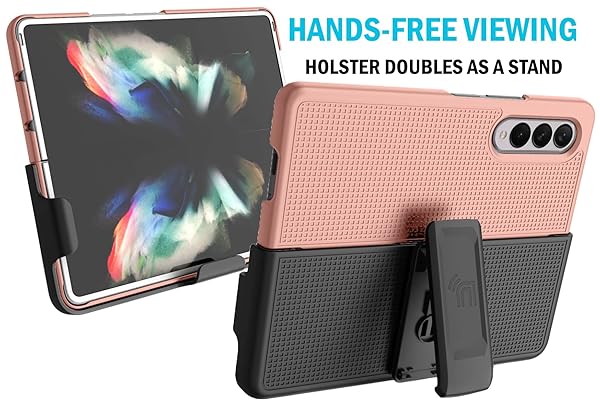 Nakedcellphone Galaxy Z Fold 3 Case with Clip & Holster - Slim Hard Cover in Rose Gold Blush Pink | Nakedcellphone Grid Texture Combo - View 6 of 11