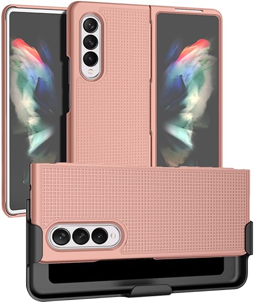 Nakedcellphone Galaxy Z Fold 3 Case with Clip & Holster - Slim Hard Cover in Rose Gold Blush Pink | Nakedcellphone Grid Texture Combo - View 3 of 11