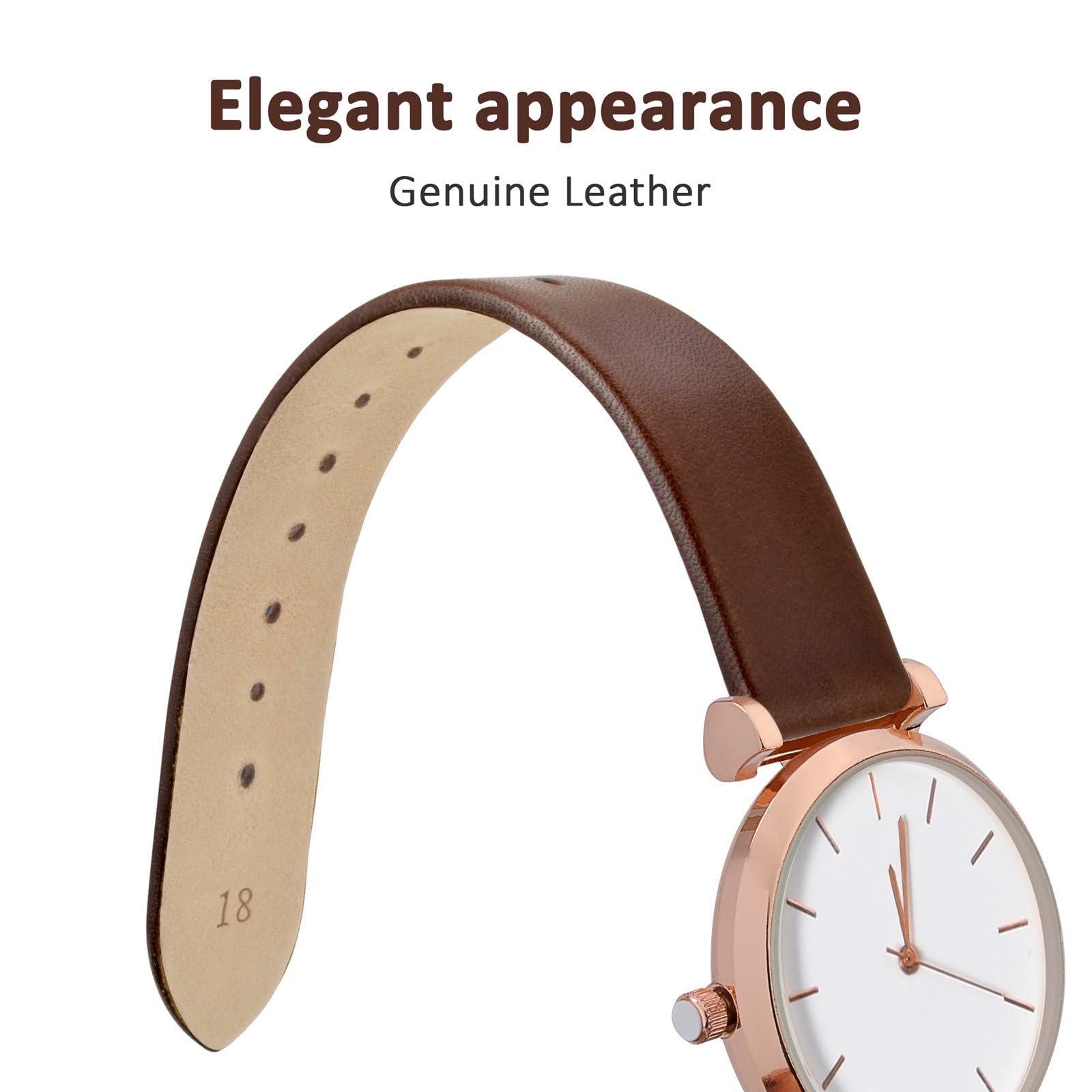 WOCCI WOCCI 8mm Elegant Genuine Leather Watch Band with Rose Gold Buckle in Caramel Brown Replacement Strap - View 3 of 9