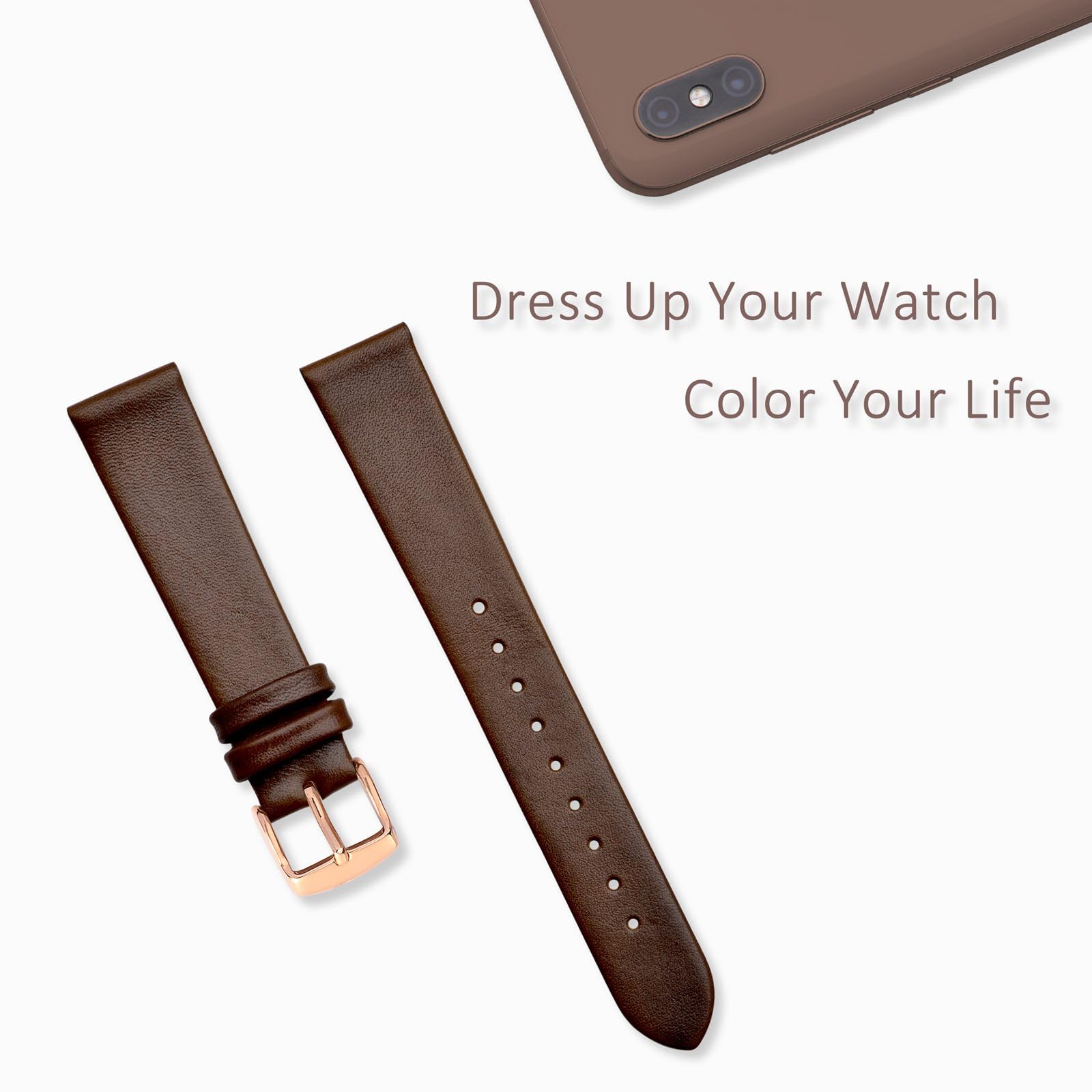 WOCCI WOCCI 8mm Elegant Genuine Leather Watch Band with Rose Gold Buckle in Caramel Brown Replacement Strap - View 7 of 9