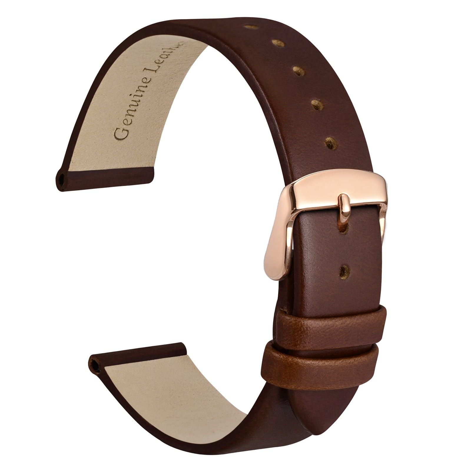 WOCCI 8mm Elegant Genuine Leather Watch Band with Rose Gold Buckle in Caramel Brown Replacement Strap