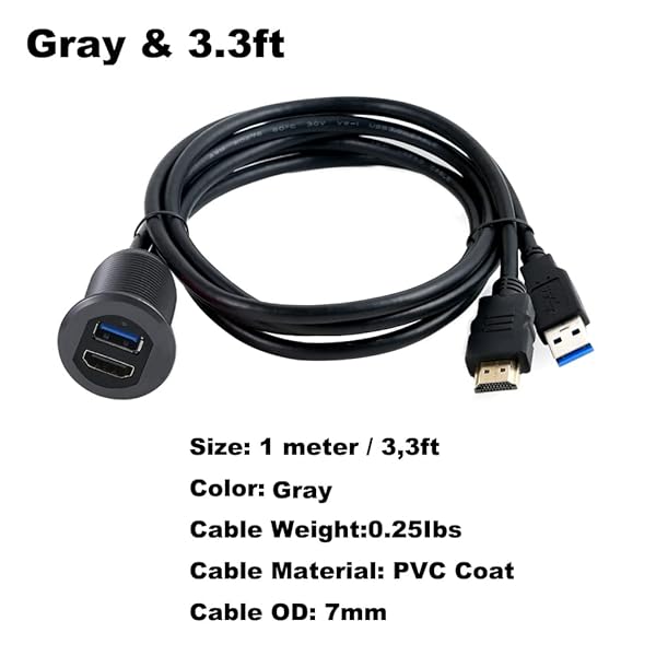 Kework Kework USB 3.0 & HDMI Flush Panel Mount - 3.3ft Extension Cable for Car, Truck, Boat & Motorcycle - 4K Metal Shell, Gray - View 8 of 9