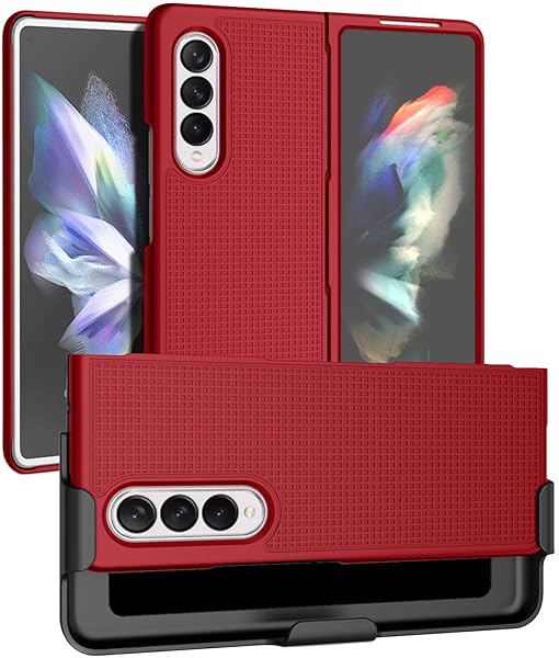 Nakedcellphone Galaxy Z Fold 3 5G Case with Clip & Holster - Slim Hard Cover & Stand Combo in Red | Nakedcellphone - View 2 of 11
