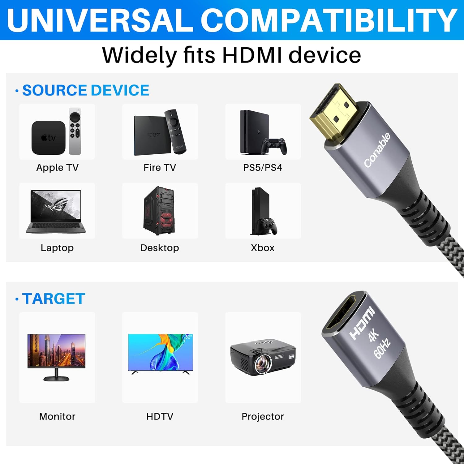 Conable 4K HDMI Extension Cable 20 Feet Braided Male to Female Cord Pure Copper 3D 4K 60Hz 2160p 1080p HDR HDCP 2.2 with Accessories - View 6 of 6