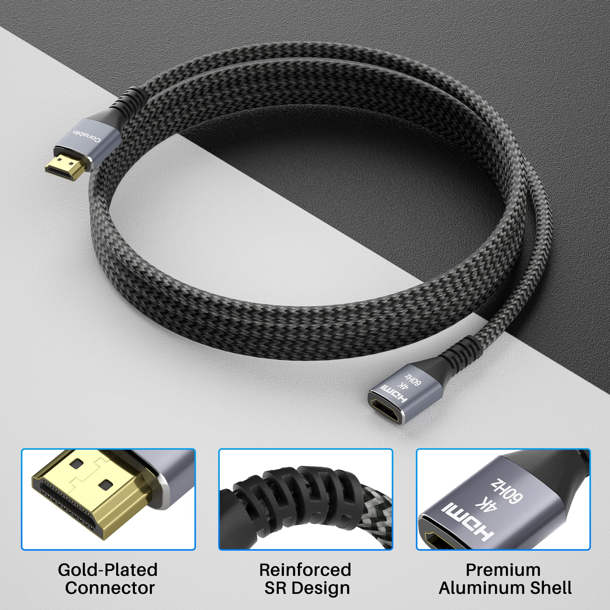 Conable 4K HDMI Extension Cable 50 Feet Braided Male to Female Cord Pure Copper 3D 4K 60Hz 2160p 1080p HDR HDCP 2.2 with Accessories - View 2 of 6