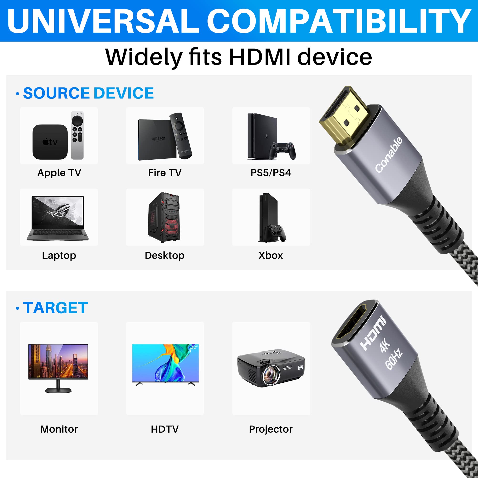 Conable 4K HDMI Extension Cable 50 Feet Braided Male to Female Cord Pure Copper 3D 4K 60Hz 2160p 1080p HDR HDCP 2.2 with Accessories - View 6 of 6