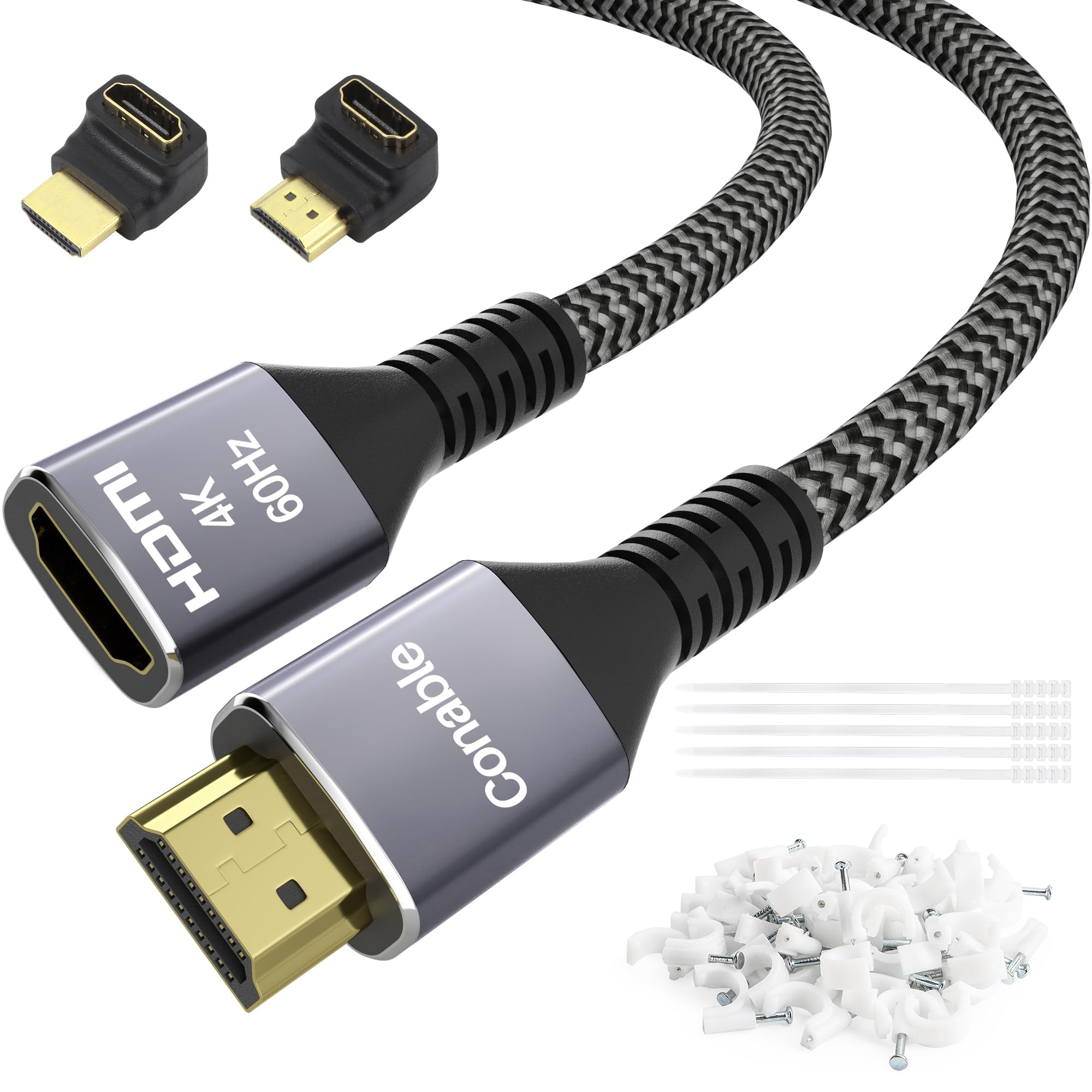 Conable 4K HDMI Extension Cable 50 Feet Braided Male to Female Cord Pure Copper 3D 4K 60Hz 2160p 1080p HDR HDCP 2.2 with Accessories
