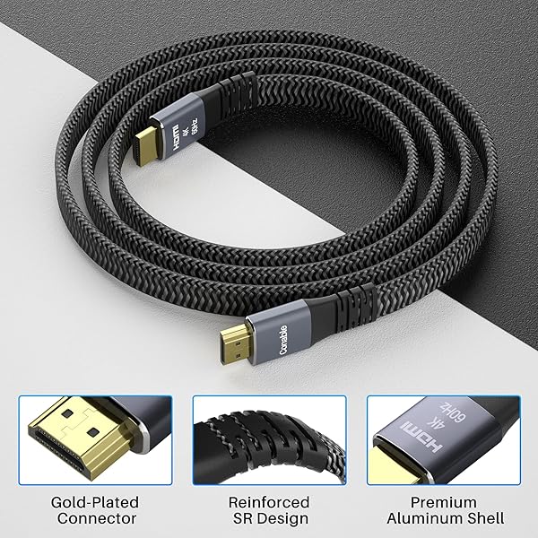 Conable Flat HDMI Cable 20 Feet High Speed Braided Cord Pure Copper 4K 60Hz 2160p 1080p HDR HDCP 2.2 ARC Full 3D with 25 Ties and 2 Adapters - View 4 of 8