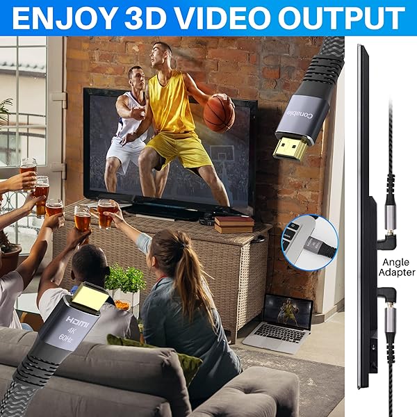 Conable Flat HDMI Cable 20 Feet High Speed Braided Cord Pure Copper 4K 60Hz 2160p 1080p HDR HDCP 2.2 ARC Full 3D with 25 Ties and 2 Adapters - View 5 of 8