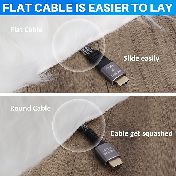 Conable Flat HDMI Cable 20 Feet High Speed Braided Cord Pure Copper 4K 60Hz 2160p 1080p HDR HDCP 2.2 ARC Full 3D with 25 Ties and 2 Adapters - View 6 of 8