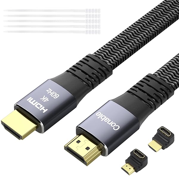 Conable Flat HDMI Cable 20 Feet High Speed Braided Cord Pure Copper 4K 60Hz 2160p 1080p HDR HDCP 2.2 ARC Full 3D with 25 Ties and 2 Adapters - View 3 of 8