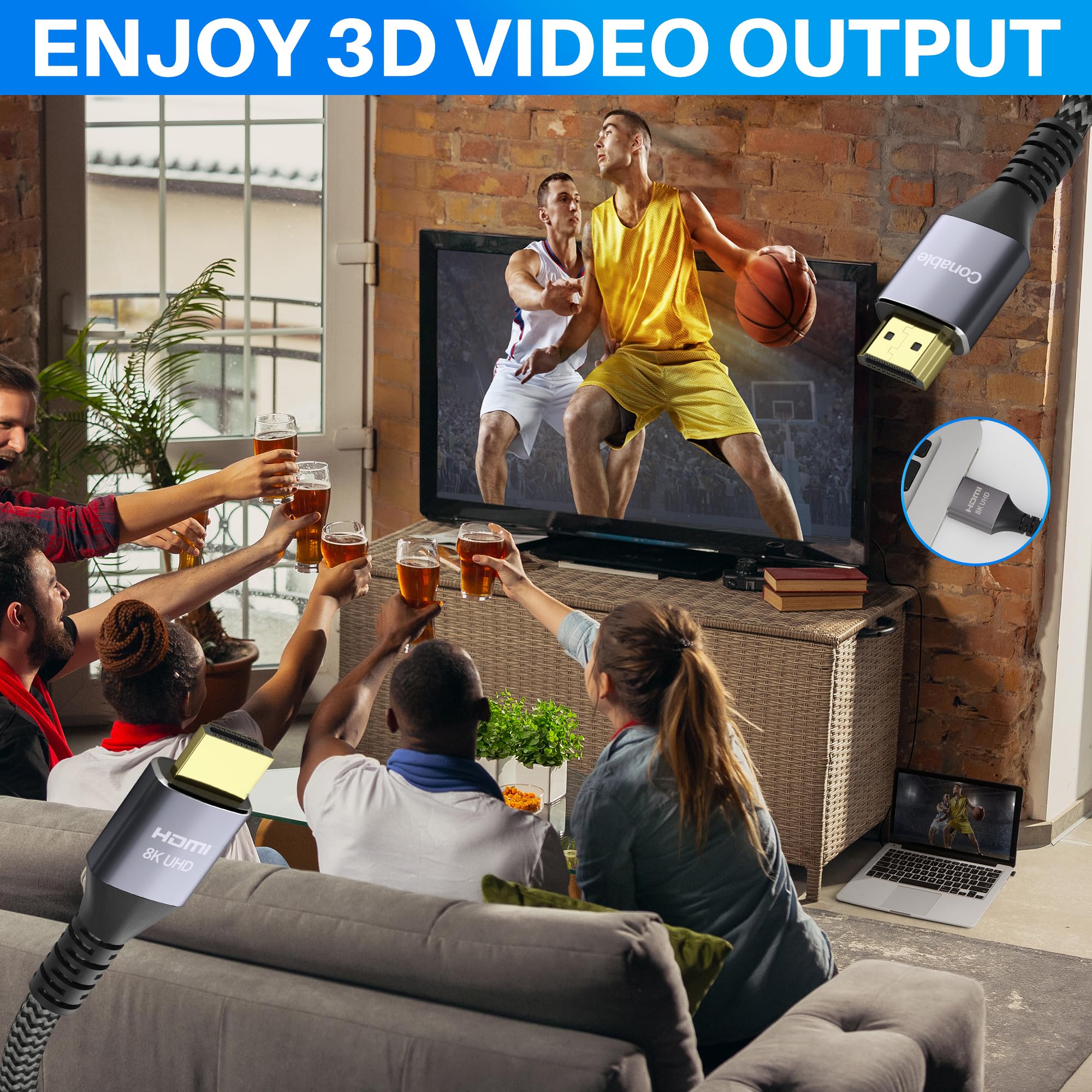 Conable 8K Ultra High Speed HDMI Cable 16.5FT Real Certified Braided Cord Supports 8K 60Hz 4K 120Hz for Laptop Monitor PS5 Xbox UHD TV - View 3 of 7