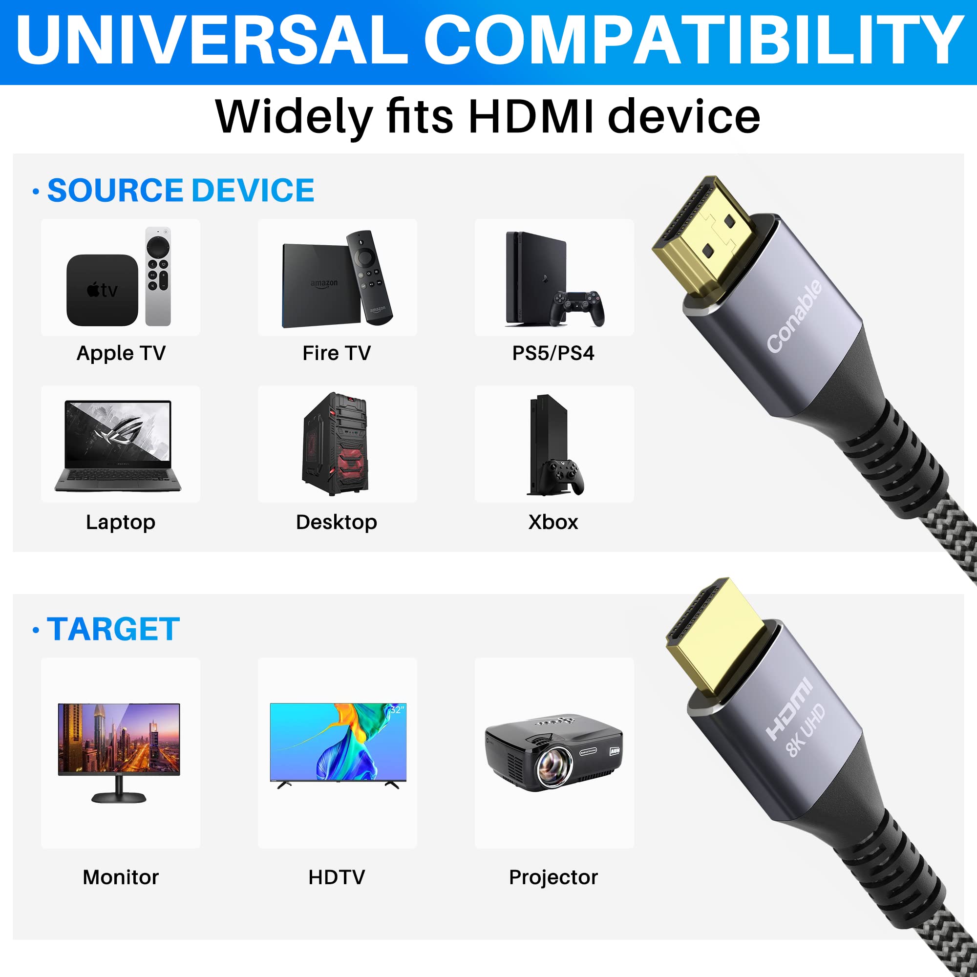 Conable 8K Ultra High Speed HDMI Cable 16.5FT Real Certified Braided Cord Supports 8K 60Hz 4K 120Hz for Laptop Monitor PS5 Xbox UHD TV - View 6 of 7