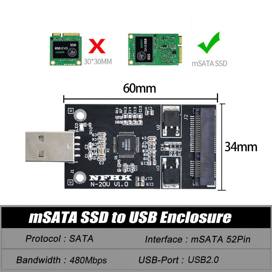 chenyang Chenyang 50mm Mini SATA mSATA SSD to USB 2.0 Hard Disk Drive Enclosure Adapter for Fast Data Transfer - View 3 of 9