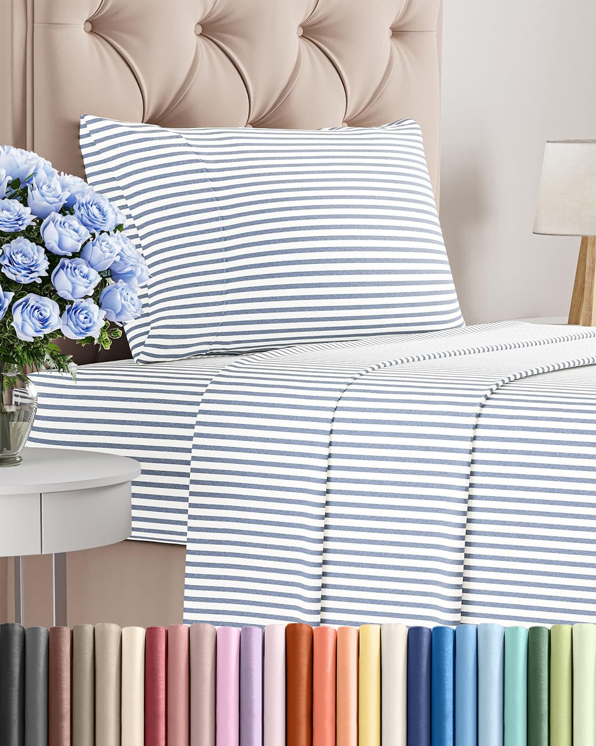CGK Unlimited Twin Size 3 Piece Sheet Set Comfy Cooling Bed Sheets Hotel Luxury Bedding Deep Pockets Soft Wrinkle Free Oeko-Tex Blue Stripes