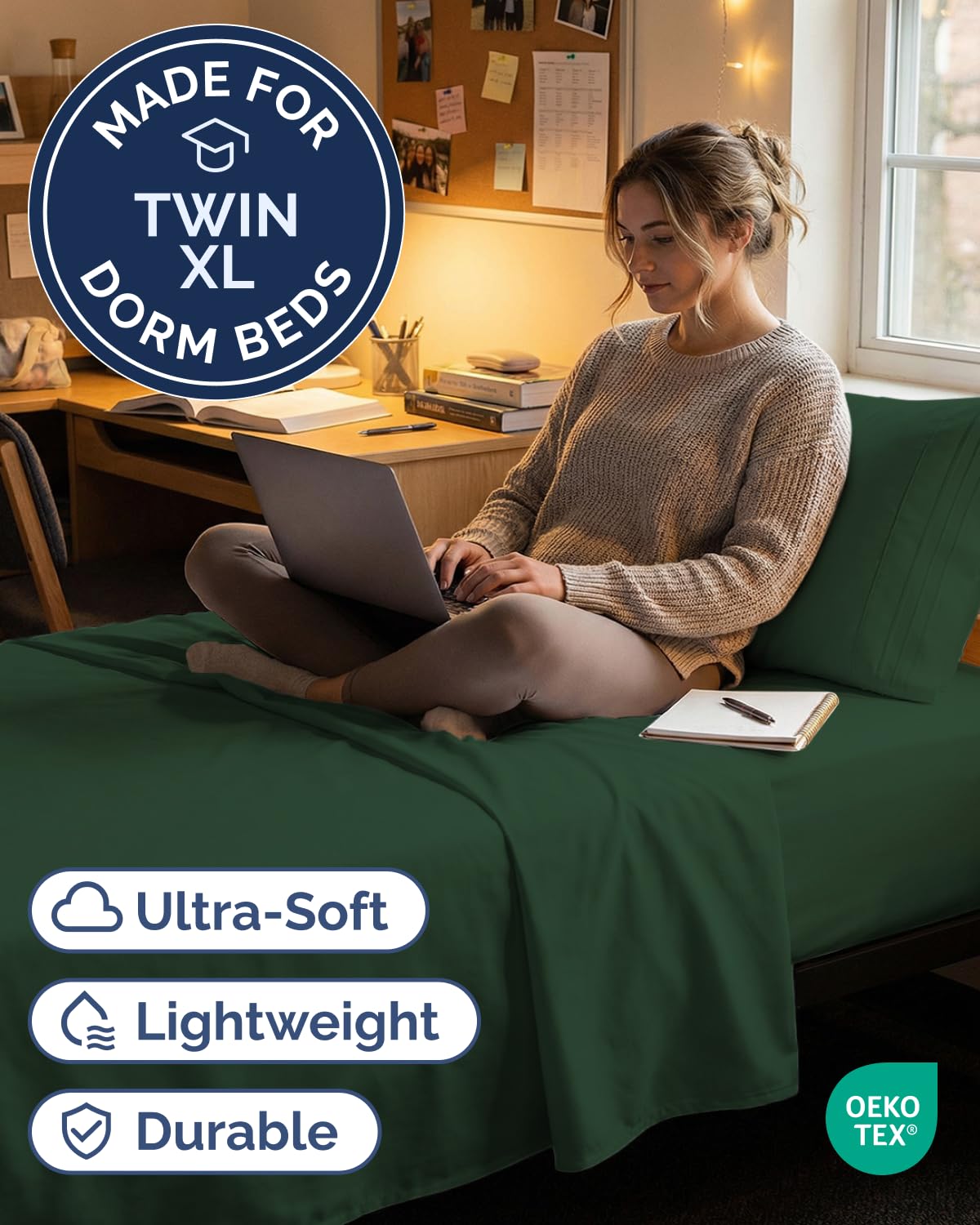 CGK Unlimited Twin XL 3 Piece Sheet Set Comfy Cooling Bed Sheets Hotel Luxury Bedding Deep Pockets Soft Wrinkle Free Oeko-Tex Emerald Green - View 2 of 8