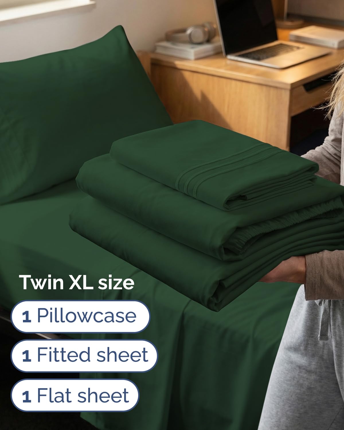 CGK Unlimited Twin XL 3 Piece Sheet Set Comfy Cooling Bed Sheets Hotel Luxury Bedding Deep Pockets Soft Wrinkle Free Oeko-Tex Emerald Green - View 3 of 8