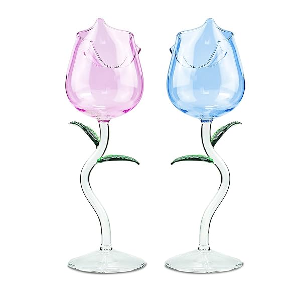 Flylin 2pcs Rose Wine Glass Set - Creative Floral Goblets for Parties, Weddings & Celebrations (260ml, Blue & Pink)