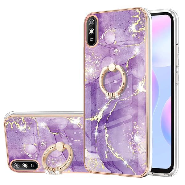 XYX XYX Case for Xiaomi Redmi 9A Slim TPU Marble Cover with 360 Rotating Ring Kickstand Dark Purple Full-Body Protection