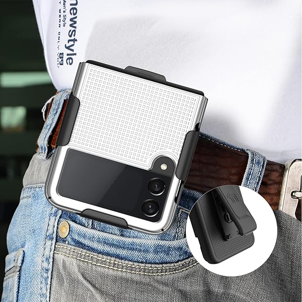 Nakedcellphone Galaxy Z Flip 3 5G Case with Clip - Slim Hard Shell & Rotating Belt Holster Combo - Pearl White - View 8 of 11