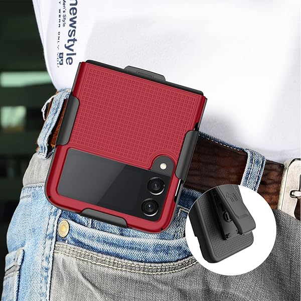 Nakedcellphone Galaxy Z Flip 3 5G Case with Clip - Slim Hard Shell & Rotating Belt Holster Combo - Red - View 8 of 11