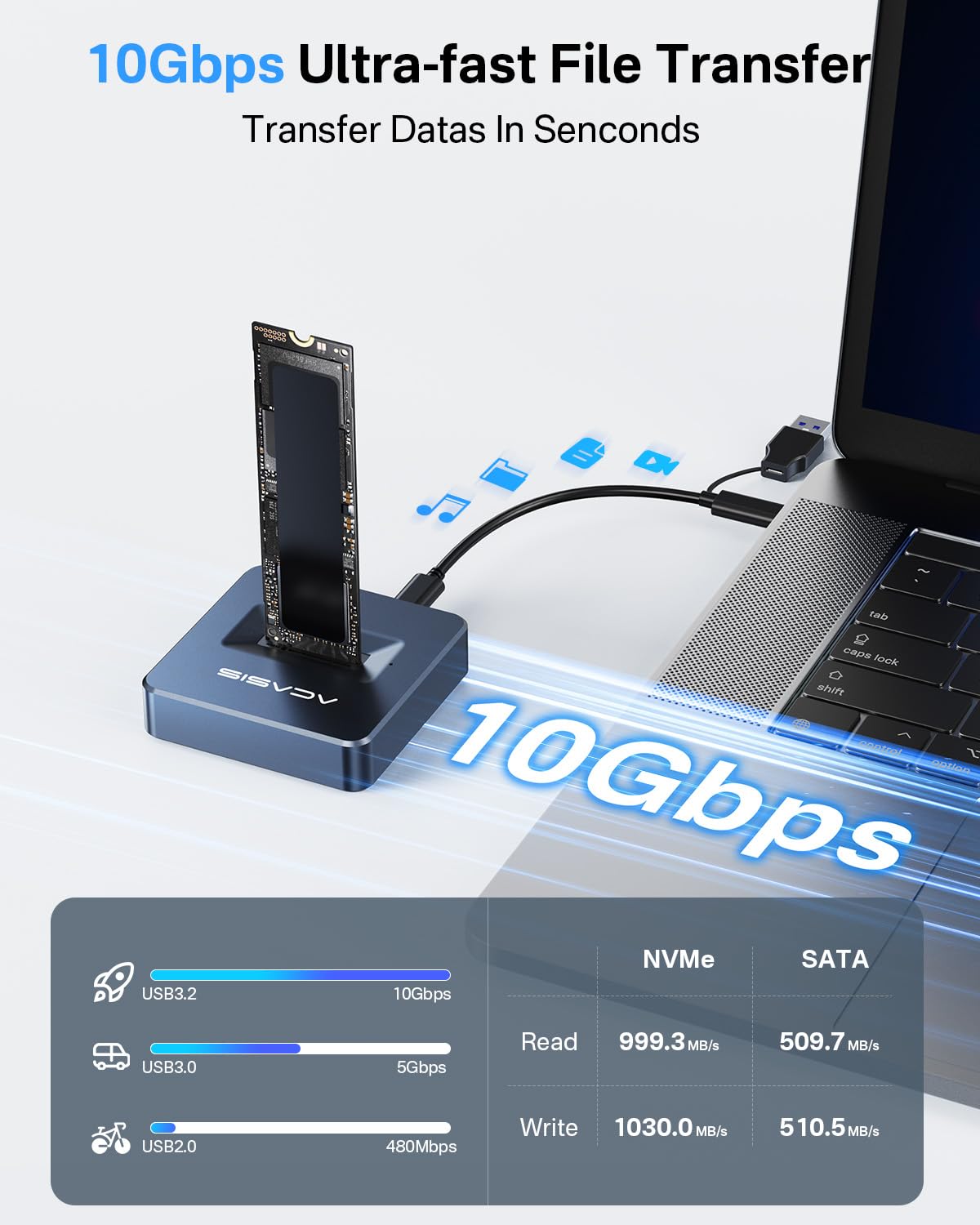 FREEGENE ACASIS NVME SSD Reader Adapter: Fast 10Gbps USB Docking Station for M.2 NVMe & SATA SSDs with Aluminium Alloy Housing - View 2 of 8