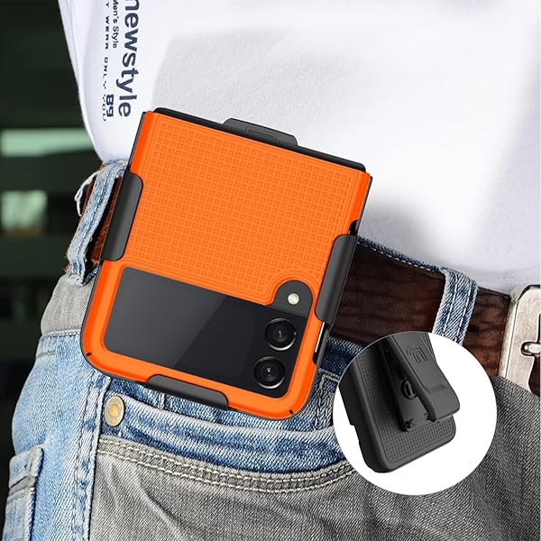 Nakedcellphone Galaxy Z Flip 3 5G Case with Clip - Slim Hard Shell & Rotating Belt Holster Combo in Bright Orange - View 7 of 10