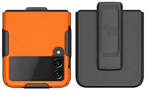 Nakedcellphone Galaxy Z Flip 3 5G Case with Clip - Slim Hard Shell & Rotating Belt Holster Combo in Bright Orange - View 9 of 10