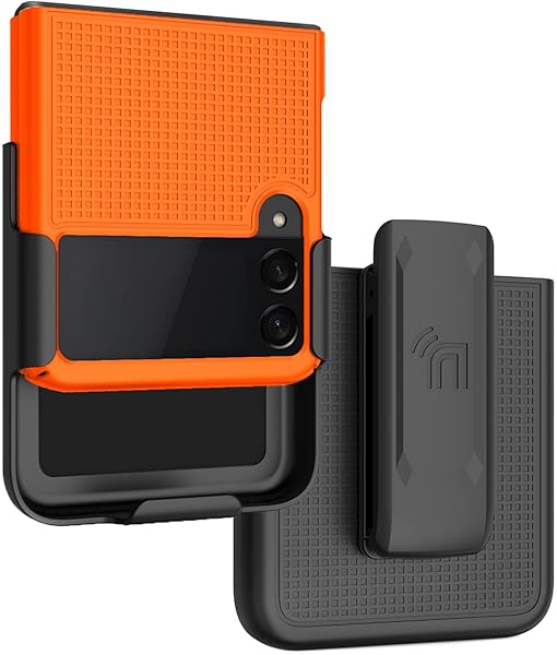 Nakedcellphone Galaxy Z Flip 3 5G Case with Clip - Slim Hard Shell & Rotating Belt Holster Combo in Bright Orange - View 2 of 10