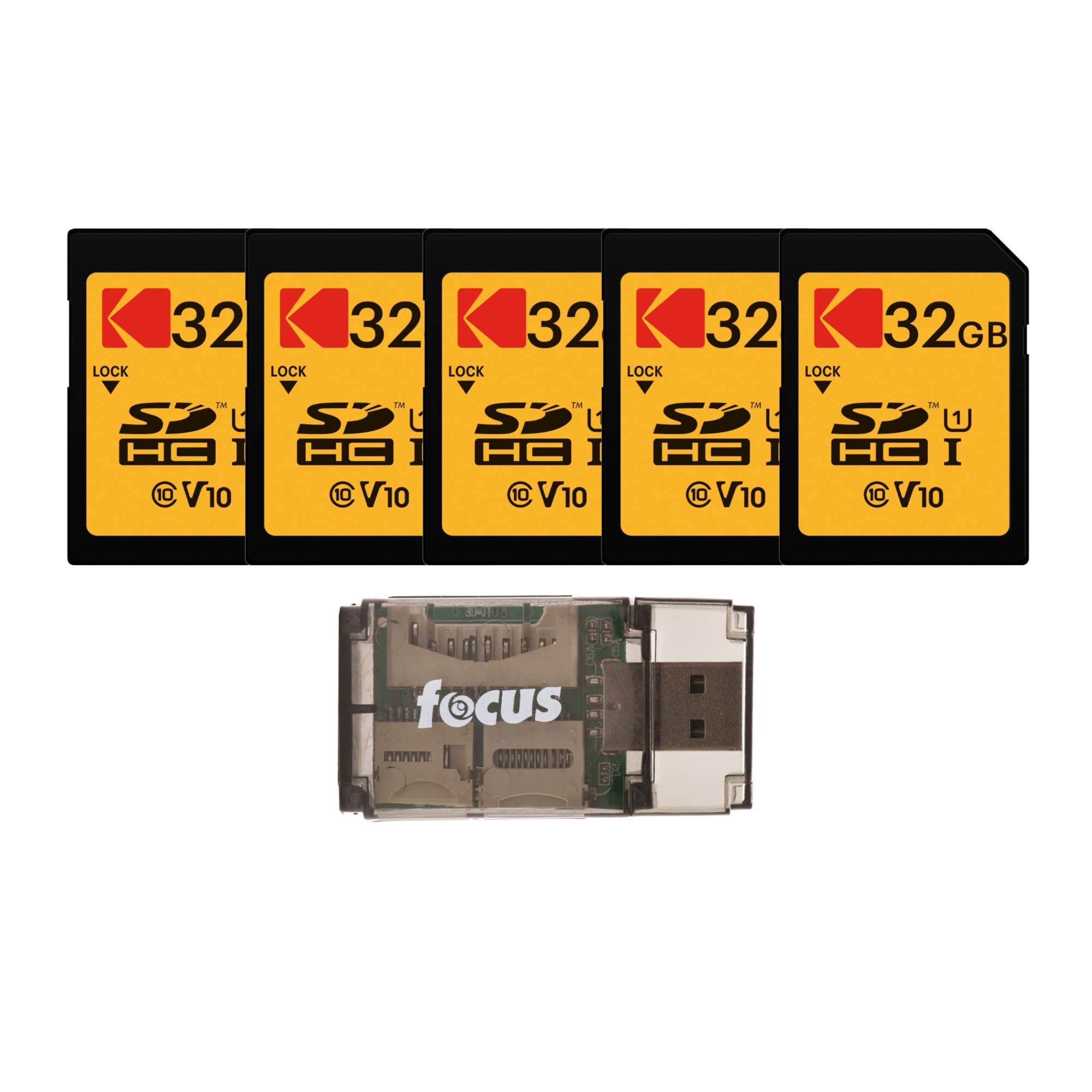 KODAK 32GB Class 10 UHS-I U1 SDHC Memory Card 5 Pack with USB Card Reader Bundle for High Speed Data Transfer