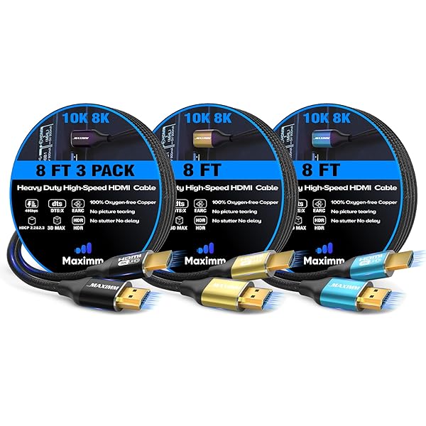 Maximm 8K HDMI Cable 8ft - Ultra High Speed HDMI 2.1 Cord (3 Pack) for 8K 60Hz Performance