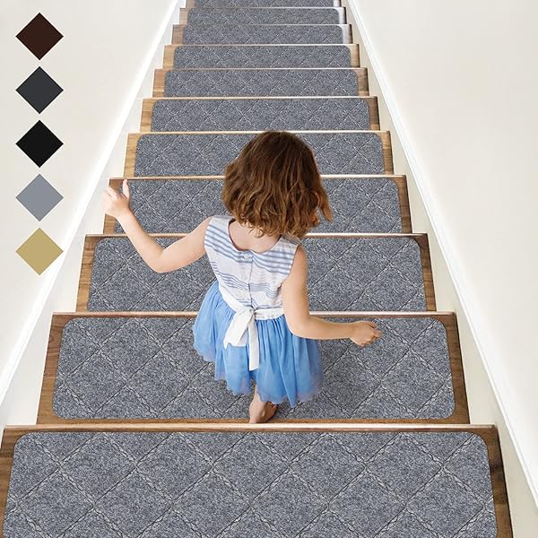 RIOLAND RIOLAND Non-Slip Stair Treads Carpet 15 PCS Modern Indoor Rugs for Safety Kids Dogs 8 X 30 Diamond Light Gray