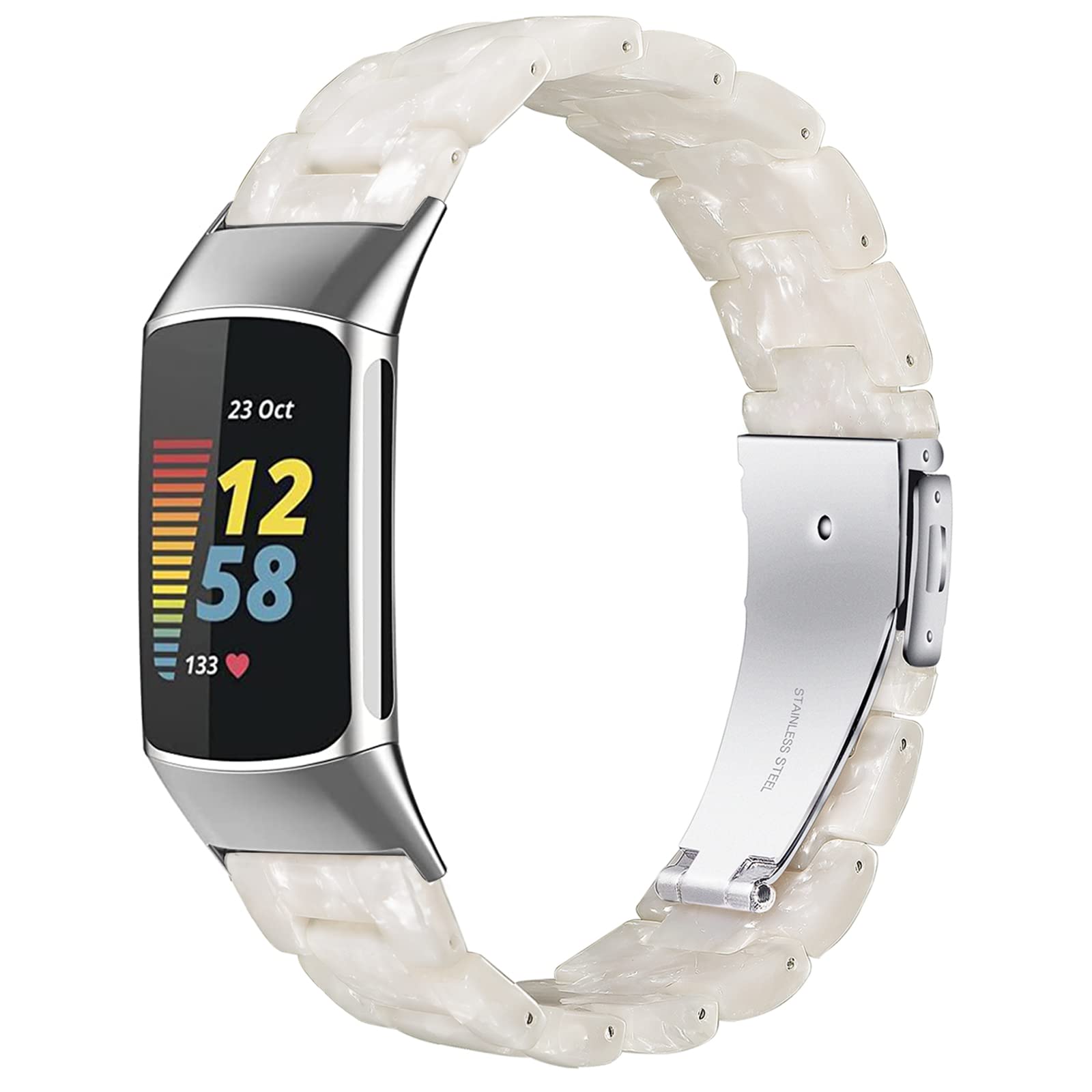 Wongeto Wongeto Pearl White Resin Bands for Fitbit Charge 5 and 6 Replacement Wristband Strap for Men and Women Advanced Fitness Tracker