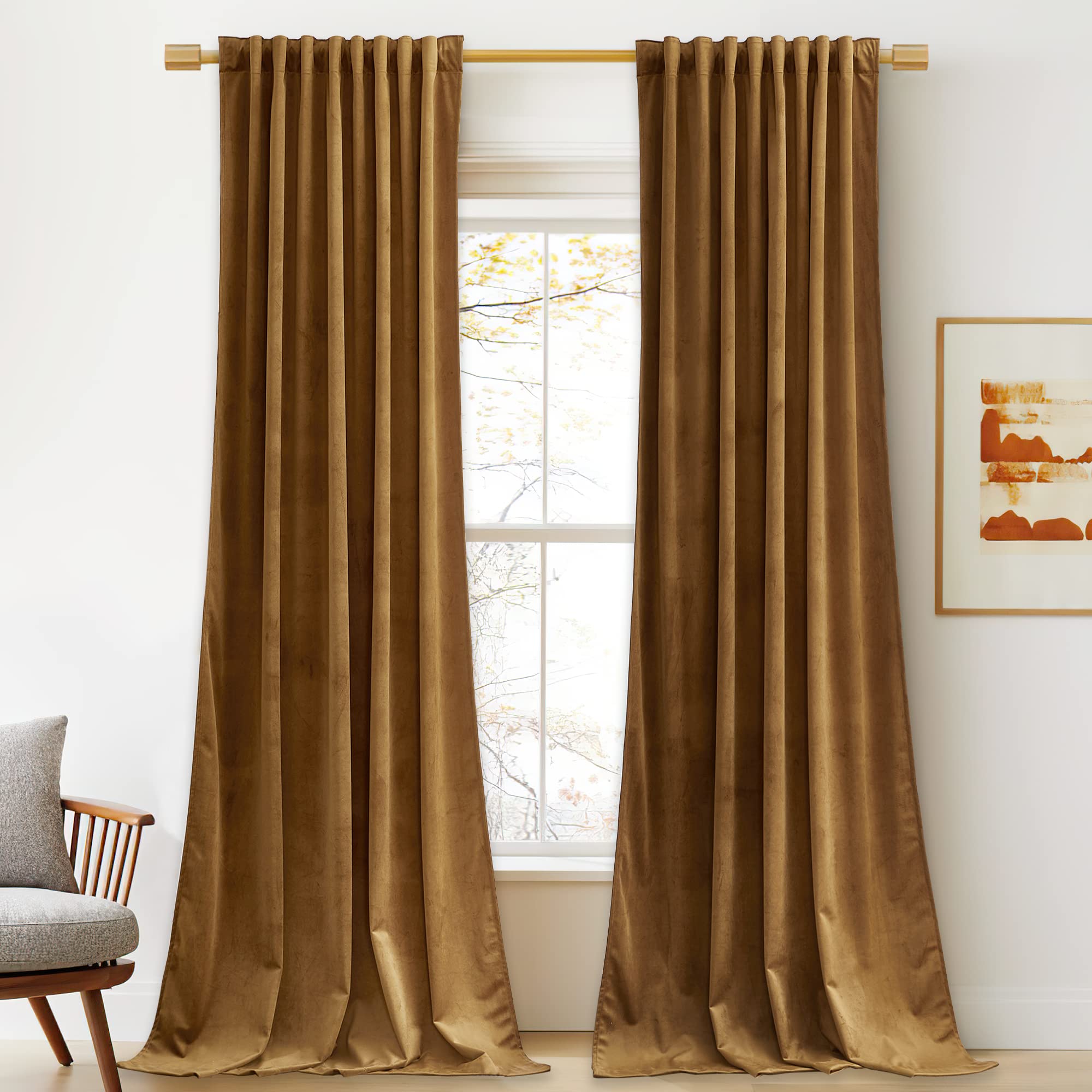 StangH StangH Gold Brown Velvet Curtains 96 Inches Long Luxury Blackout Thermal Insulated Drapes for Living Room and Bedroom 2 Panels