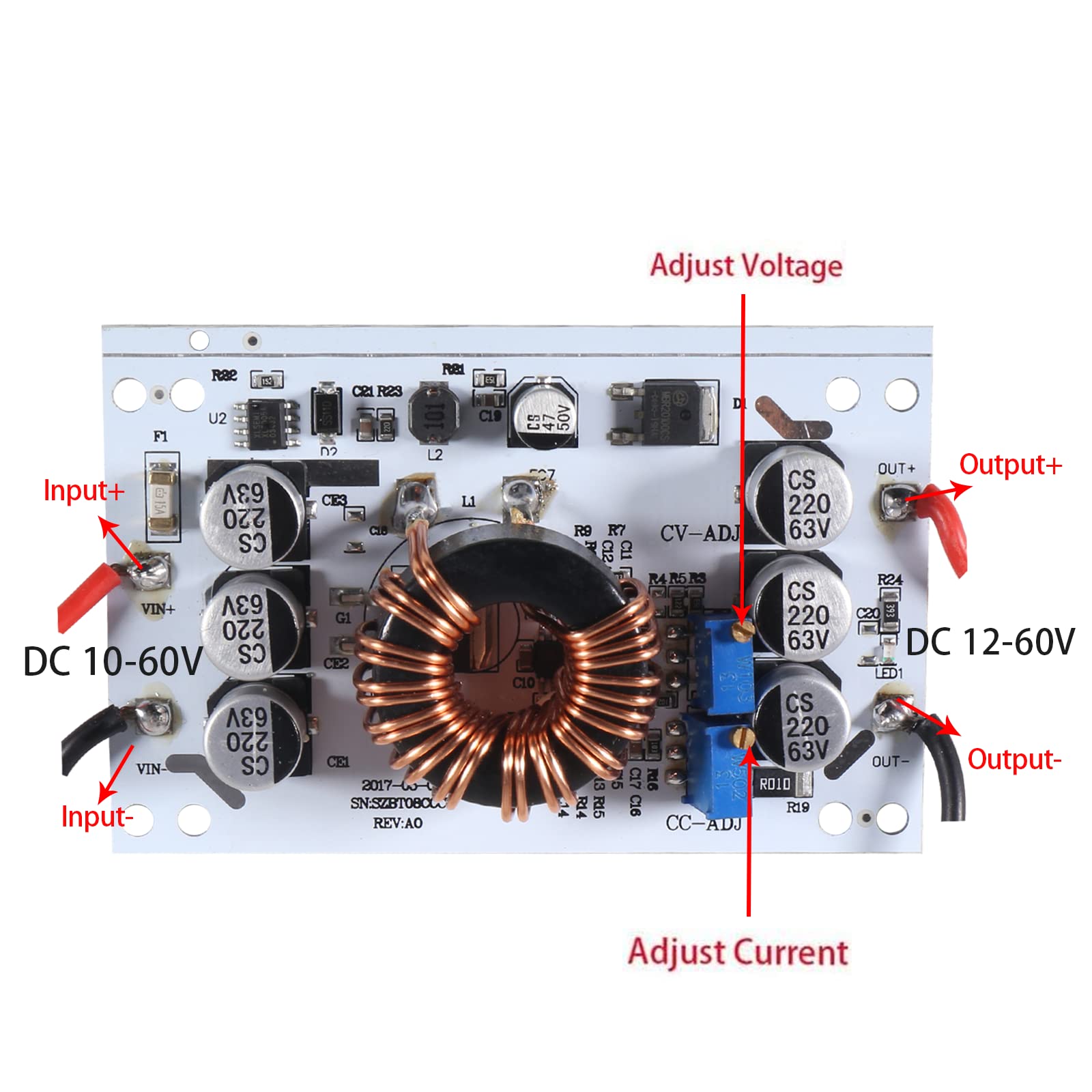 Aobao Aobao 3pcs 600W Boost Converter DC-DC Adjustable Step-up Power Supply Module 10V-60V to 12-60V 10A Constant Voltage Current - View 3 of 7