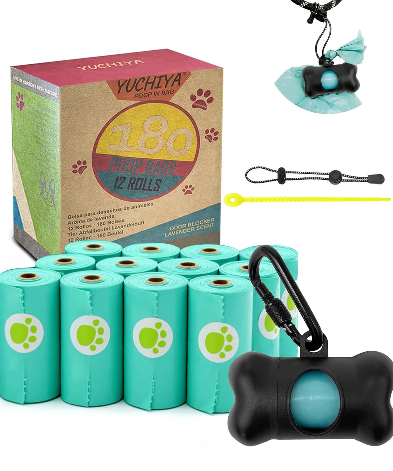 YUCHIYA Dog Poop Pickup Bags Holder Dispenser with Leak Proof Scented Waste Bags and Carabiner Never Lose on Leash 1 Holder 195 Bags Black