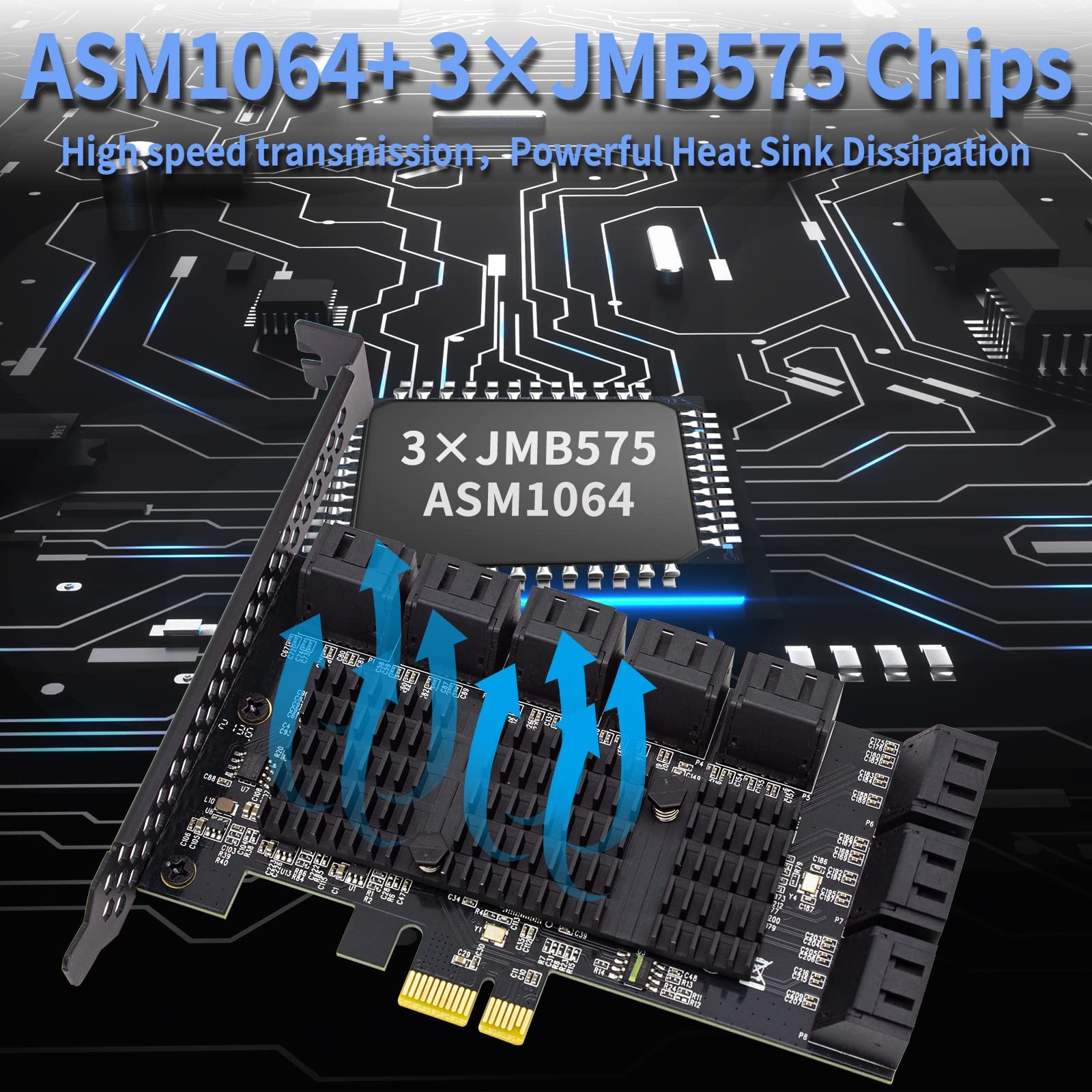 ACTIMED ACTIMED PCIe SATA 16 Port Expansion Card 6 Gbps SATA 3.0 Controller Low Profile Bracket Supports 16 SATA3 Devices Compatible with Windows MAC Linux - View 3 of 7