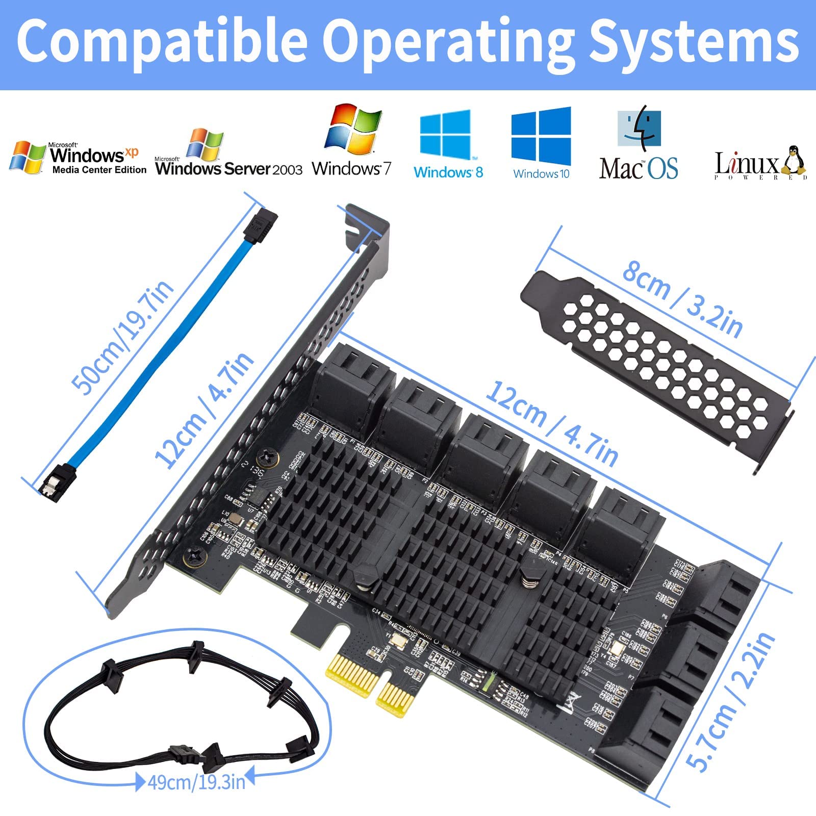 ACTIMED ACTIMED PCIe SATA 16 Port Expansion Card 6 Gbps SATA 3.0 Controller Low Profile Bracket Supports 16 SATA3 Devices Compatible with Windows MAC Linux - View 4 of 7
