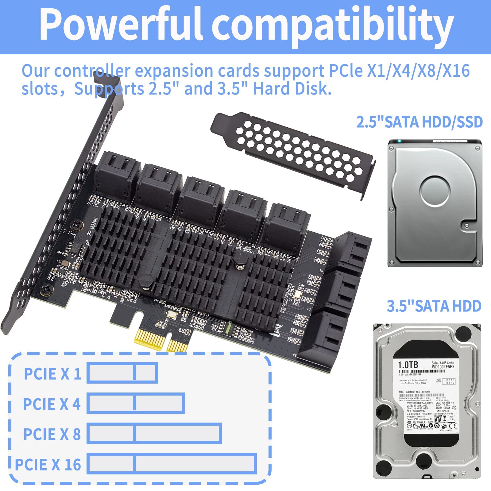 ACTIMED ACTIMED PCIe SATA 16 Port Expansion Card 6 Gbps SATA 3.0 Controller Low Profile Bracket Supports 16 SATA3 Devices Compatible with Windows MAC Linux - View 5 of 7